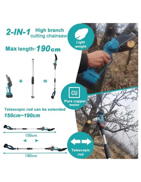 Set Foarfecă Grădină + Mini Drujbă 6” 48V, 2 Acumulatori, Brat