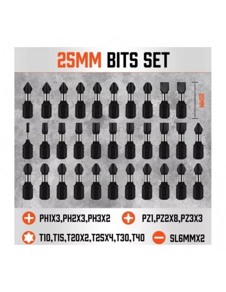 Set profesional de 42 biți de impact cu tijă hexagonală