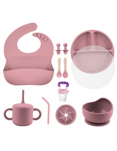 Set de Hrănire pentru Bebeluși – Bol cu Ventuză, Farfurii, Baveță și Lingurițe – Roz