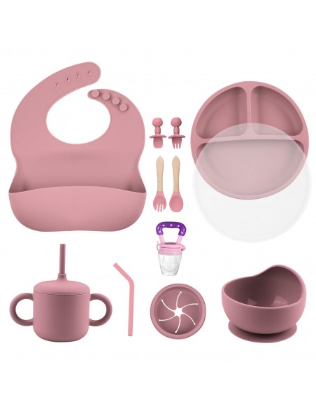 Set de Hrănire pentru Bebeluși – Bol cu Ventuză, Farfurii, Baveță și Lingurițe – Roz